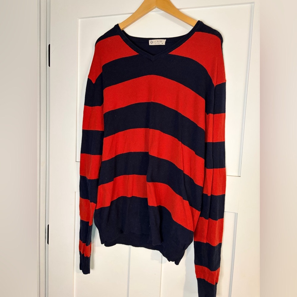 J. Crew Red and Navy Striped‎ V-Neck Sweater